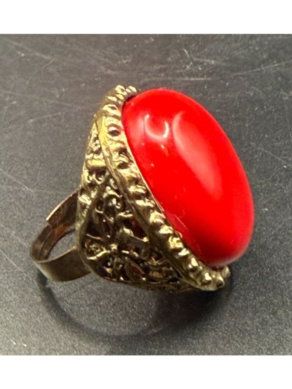 Vintage Red Lucite Cabochon Statement Ring Gold Tone Filigree